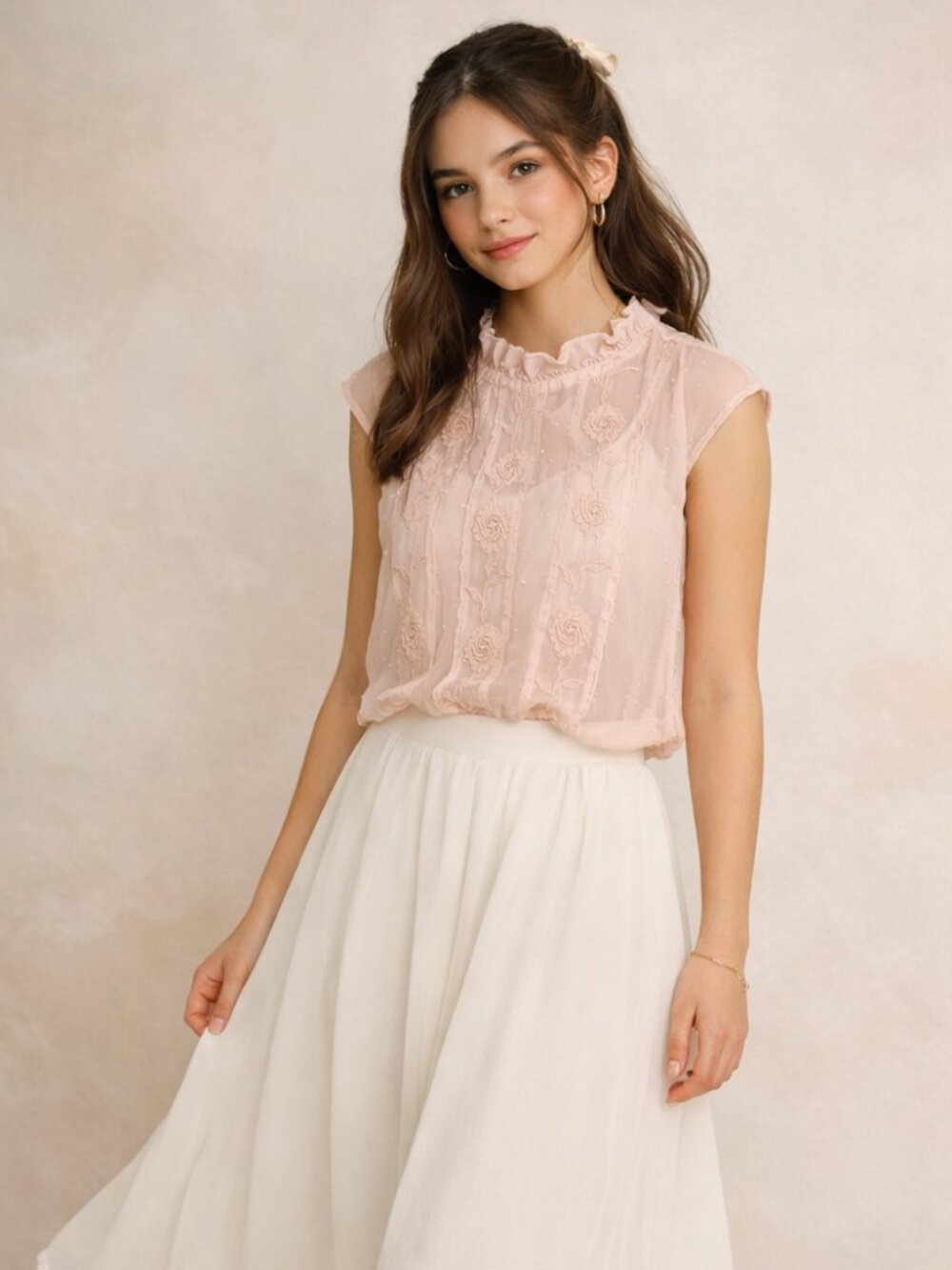Ballerina Pink Blush Dusty Rose Sheer  Sleeveless Floral Embroidered Blouse SzS